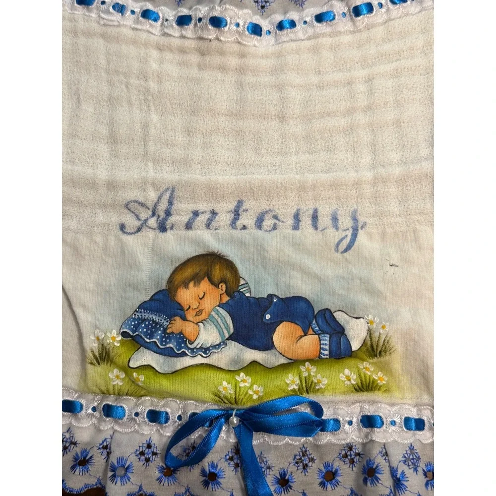 Vintage Antony Personalized Baby Burp Cloth and Towel Set Blue Eyelet Lace Trim